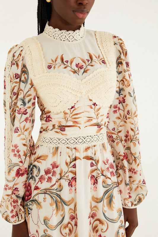 Cream Royal Garden Long Sleeve Crochet Midi Dress