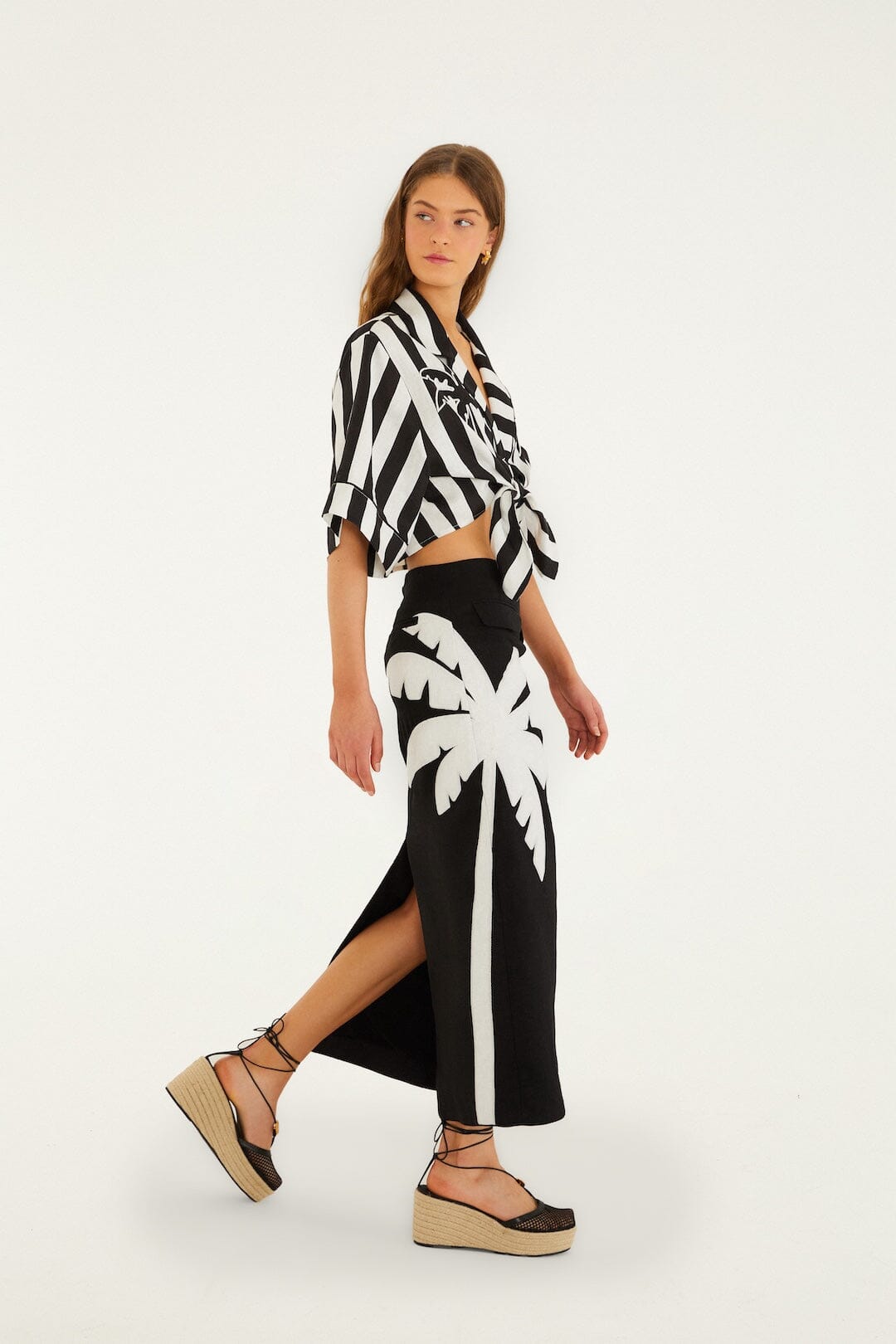 Black Embroidered Palm Tree Euroflax™ Premium Linen Maxi Skirt