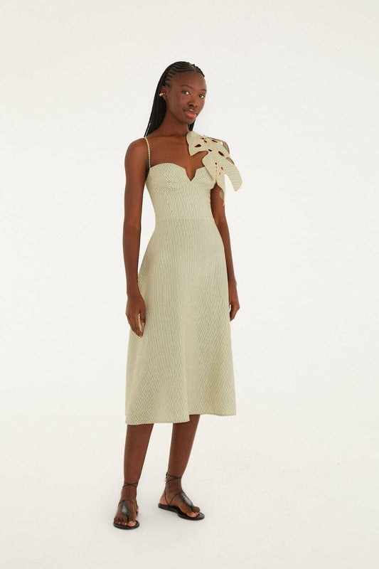 Green Striped 3d Monstera Leaf Euroflax™ Premium Linen Midi Dress