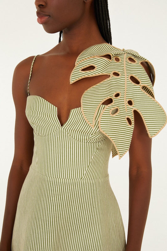Green Striped 3d Monstera Leaf Euroflax™ Premium Linen Midi Dress