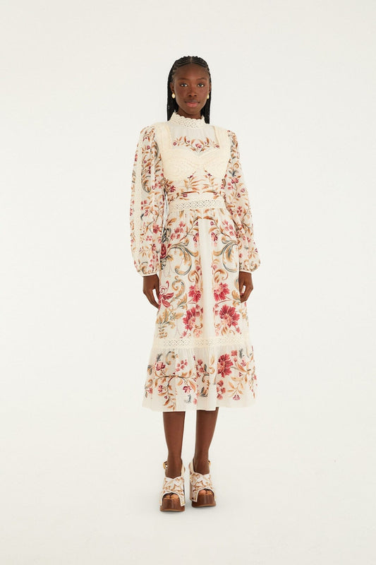 Cream Royal Garden Long Sleeve Crochet Midi Dress