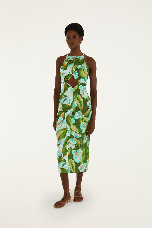 Green Anthurium Leaves Cut-Out Euroflax™ Premium Linen Midi Dress