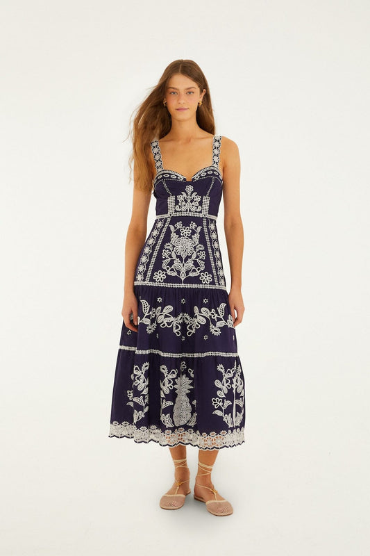 Blue Richelieu Embroidered Organic Cotton Midi Dress