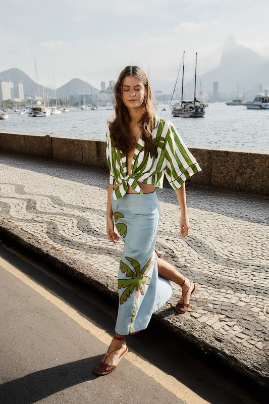 Blue Embroidered Palm Tree Euroflax™ Premium Linen Maxi Skirt
