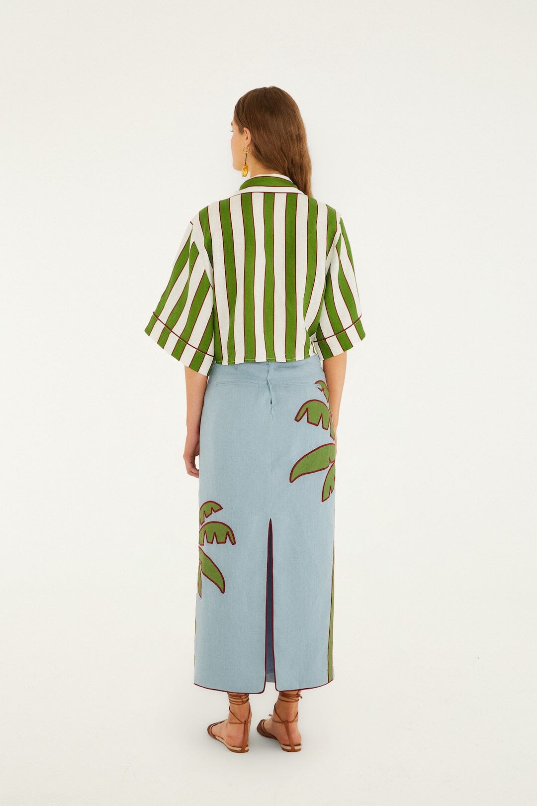 Blue Embroidered Palm Tree Euroflax™ Premium Linen Maxi Skirt