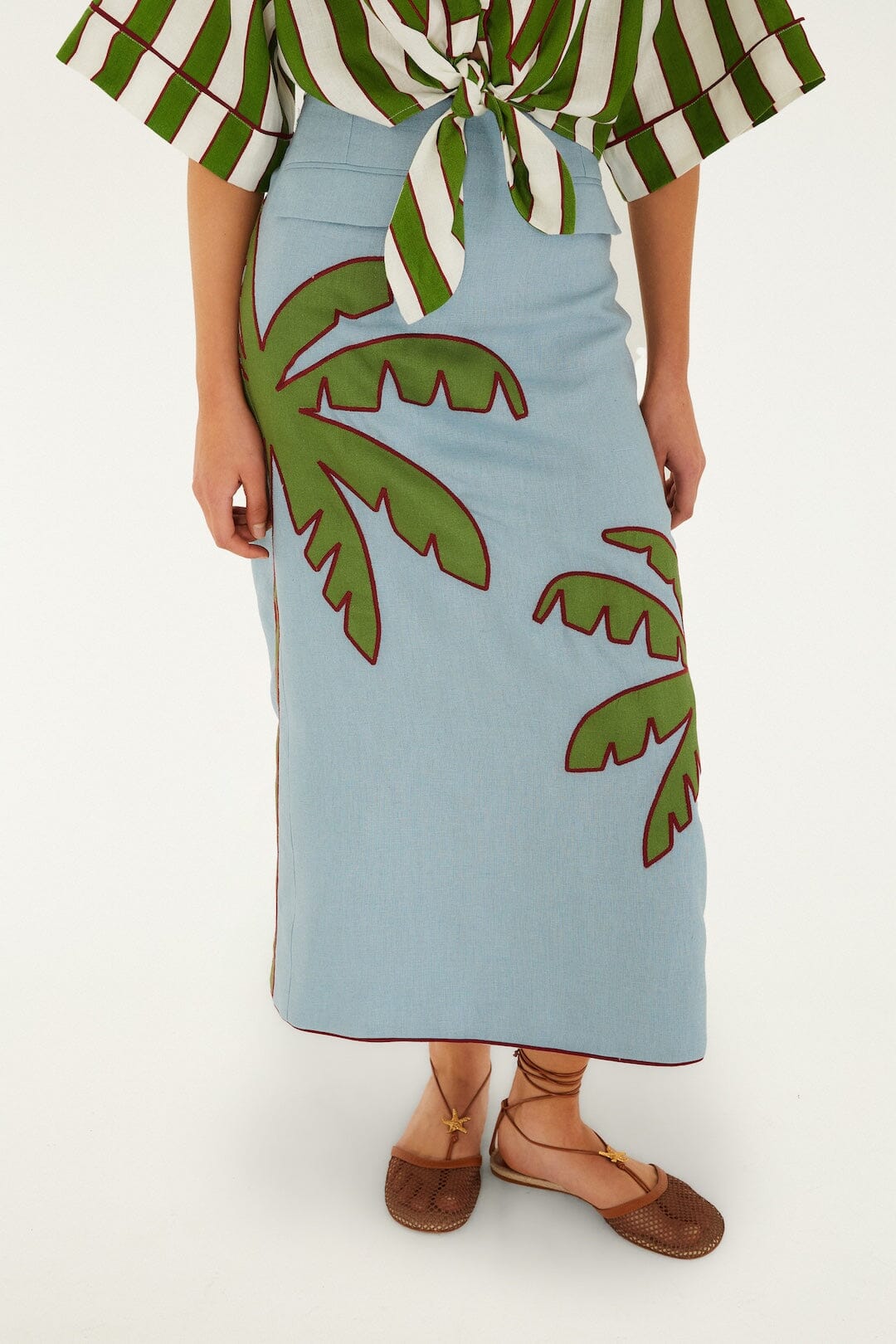 Blue Embroidered Palm Tree Euroflax™ Premium Linen Maxi Skirt