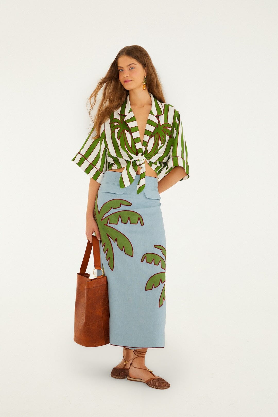 Blue Embroidered Palm Tree Euroflax™ Premium Linen Maxi Skirt