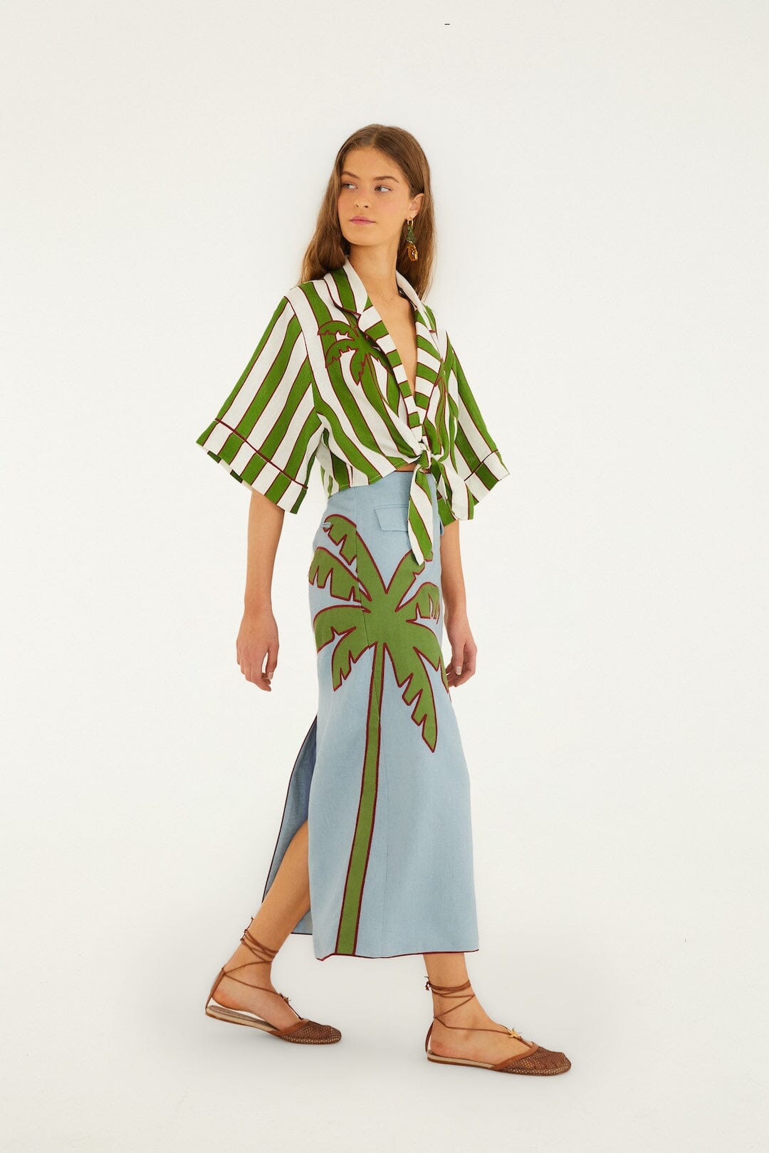 Blue Embroidered Palm Tree Euroflax™ Premium Linen Maxi Skirt