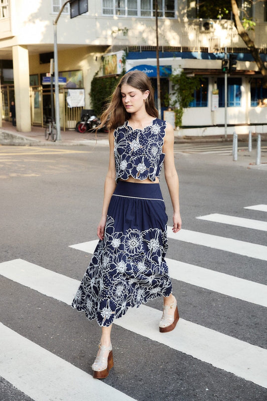 Blue Flowers Richelieu Organic Cotton Maxi Skirt