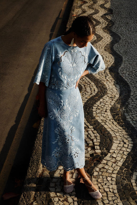 Denim Richelieu Wavy Hem Midi Skirt
