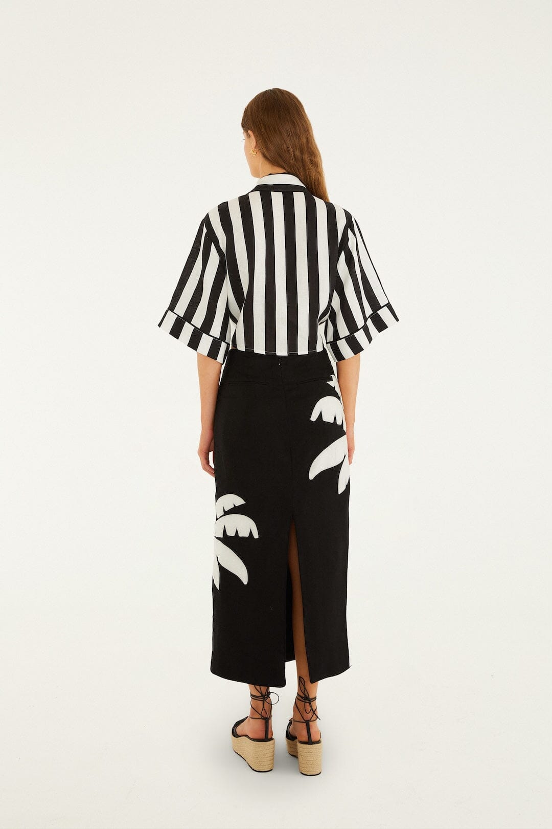 Black Embroidered Palm Tree Euroflax™ Premium Linen Maxi Skirt
